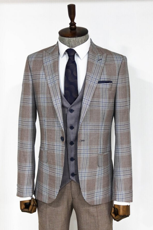 Slim Fit Yelekli Açık Kahverengi Erkek Takım Elbise - 6
