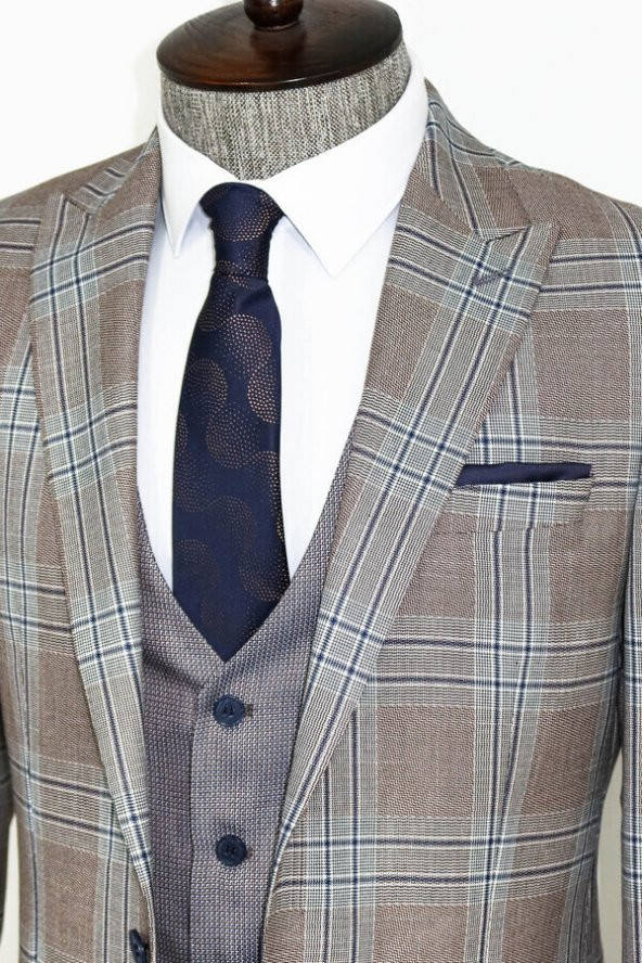 Slim Fit Yelekli Açık Kahverengi Erkek Takım Elbise - 7