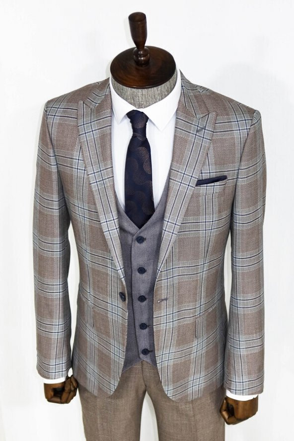 Slim Fit Yelekli Açık Kahverengi Erkek Takım Elbise - 8