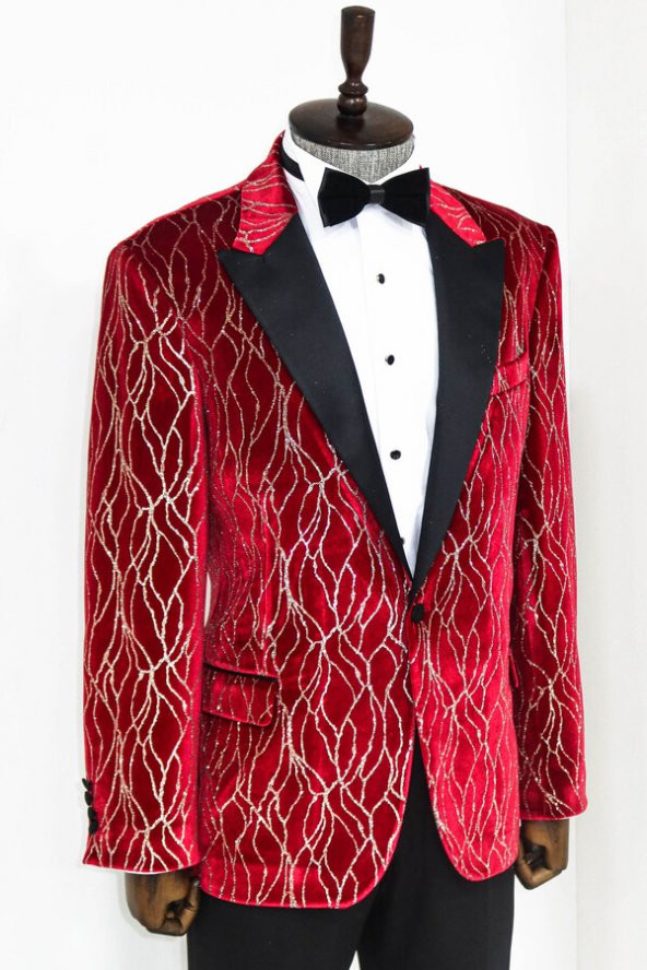 Gümüş Desenli Bordo Erkek Smokin Ceketi - 3