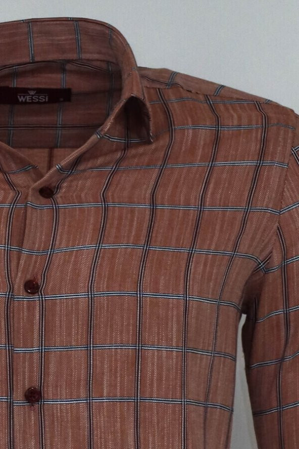 Kahverengi Kareli Slim-Fit Gömlek