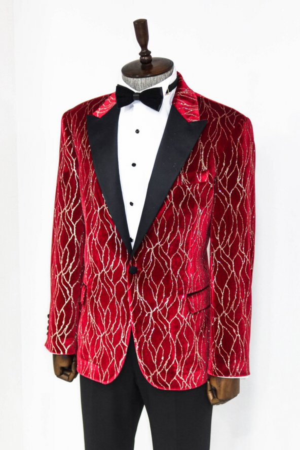 Gümüş Desenli Bordo Erkek Smokin Ceketi - 5