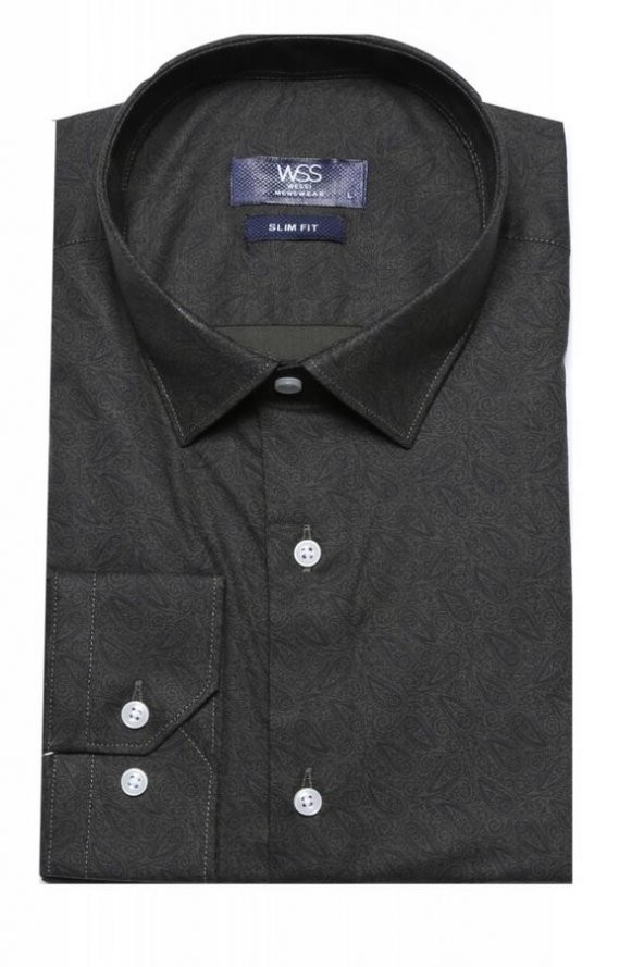 Kendinden Desenli Slimfit Yeşil Gömlek  Wessi - 2