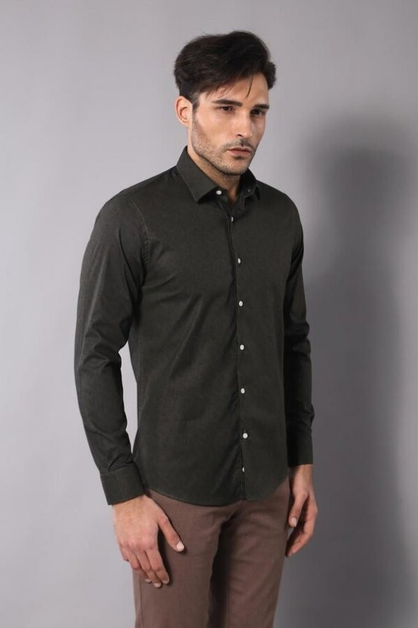 Kendinden Desenli Slimfit Yeşil Gömlek  Wessi - 4