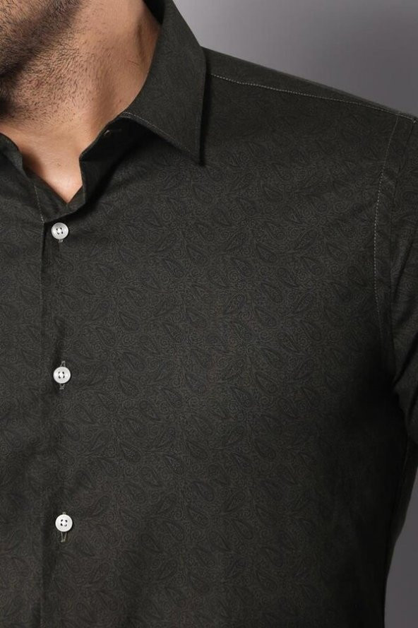 Kendinden Desenli Slimfit Yeşil Gömlek  Wessi - 3