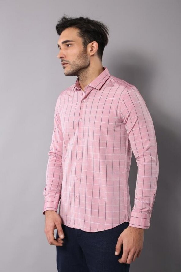 Pembe Ekoseli Pembe Erkek Gömlek  Wessi