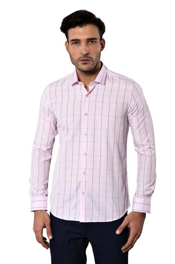 Açık Pembe Ekose Erkek Gömlek  Wessi - 5