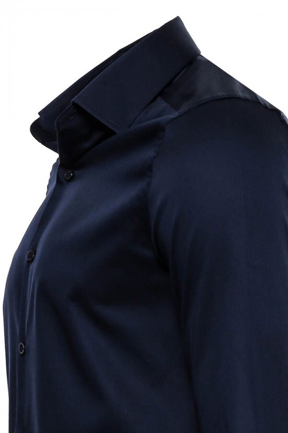 Pamuk Saten Slim Fit Uzun Kollu Düz Lacivert Erkek Gömlek