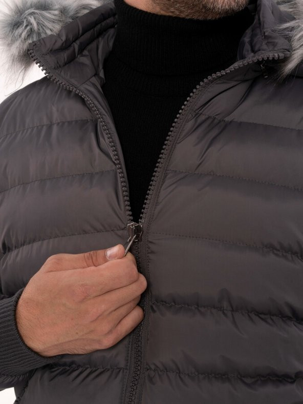 Kürklü Gri Erkek Şişme Mont  Wessi - 2