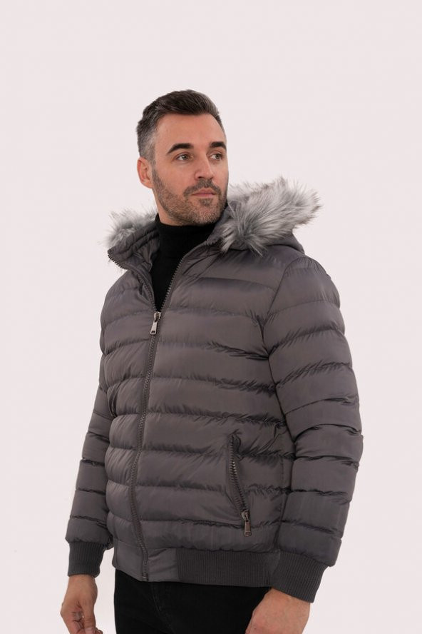 Kürklü Gri Erkek Şişme Mont  Wessi - 3