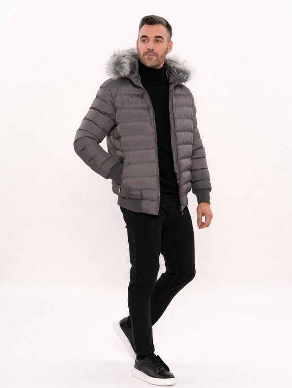 Kürklü Gri Erkek Şişme Mont  Wessi - 5