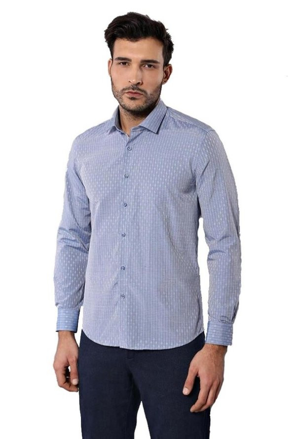 Armürlü Slimfit Mavi Gömlek - 7