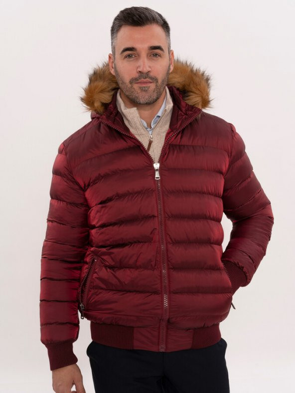 Kürklü Kapüşonü Bordo Erkek Şişme Mont - 2
