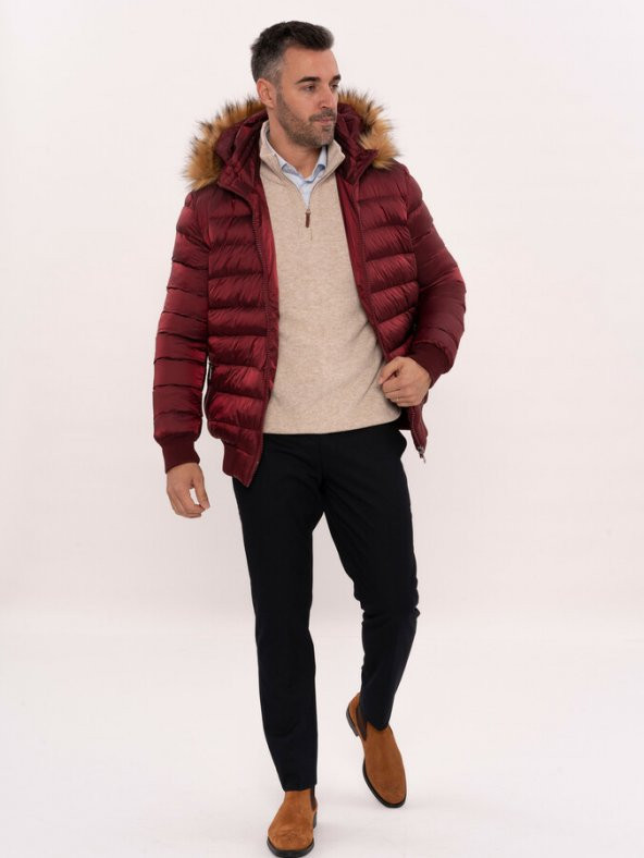 Kürklü Kapüşonü Bordo Erkek Şişme Mont - 3