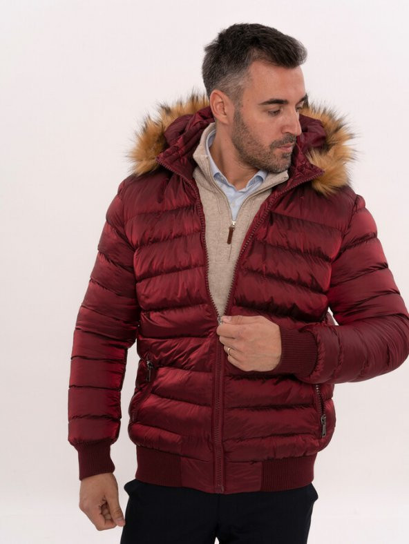 Kürklü Kapüşonü Bordo Erkek Şişme Mont - 6