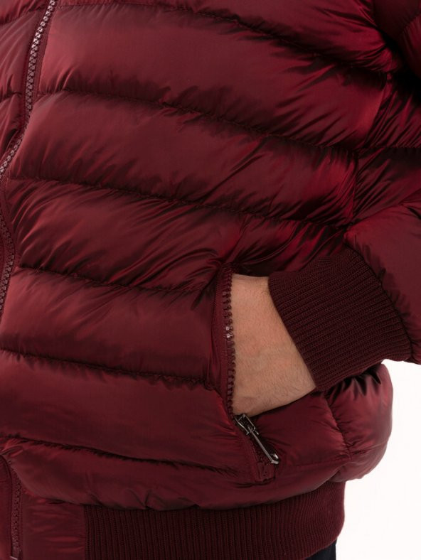 Kürklü Kapüşonü Bordo Erkek Şişme Mont - 7