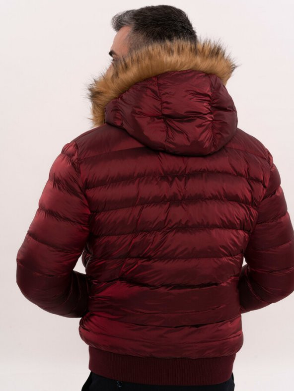 Kürklü Kapüşonü Bordo Erkek Şişme Mont - 8