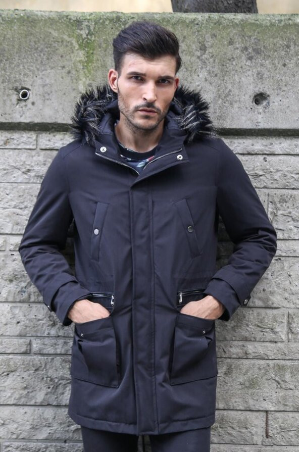 Yaka Kürklü Kapüşonlu Siyah Erkek Mont - 3