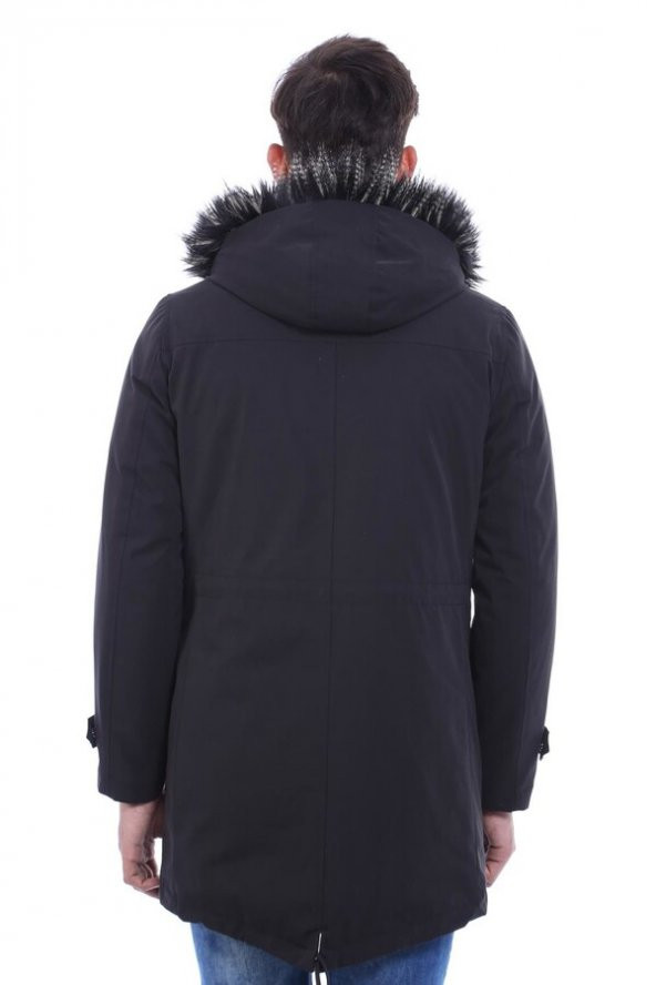 Yaka Kürklü Kapüşonlu Siyah Erkek Mont - 4