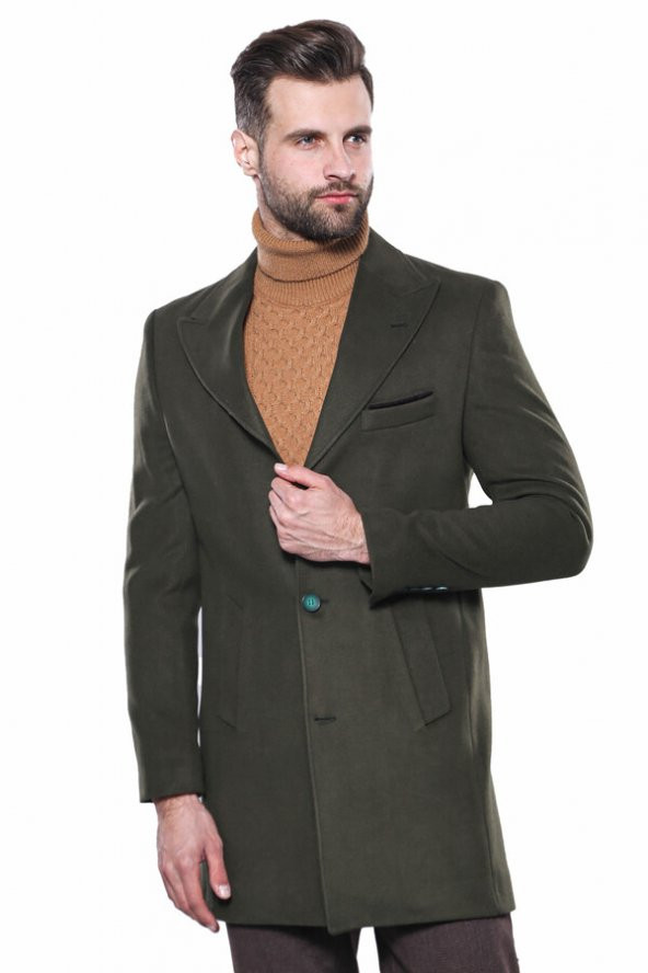 Geniş Yaka Diz Üstü Yeşil Erkek Palto