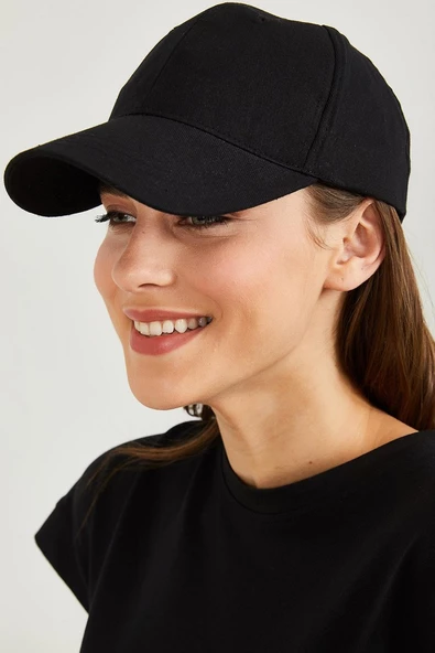 Kadın Düz Renk Şapka Açık Mavi  Siyah Tek Ebat - Resim 2