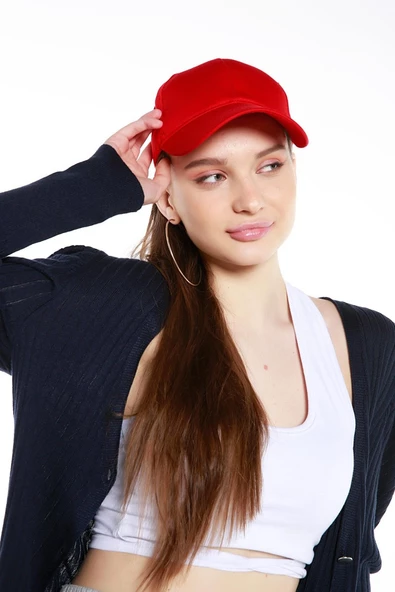 Kadın Düz Renk Şapka Açık Mavi  Kırmızı Tek Ebat - Resim 2