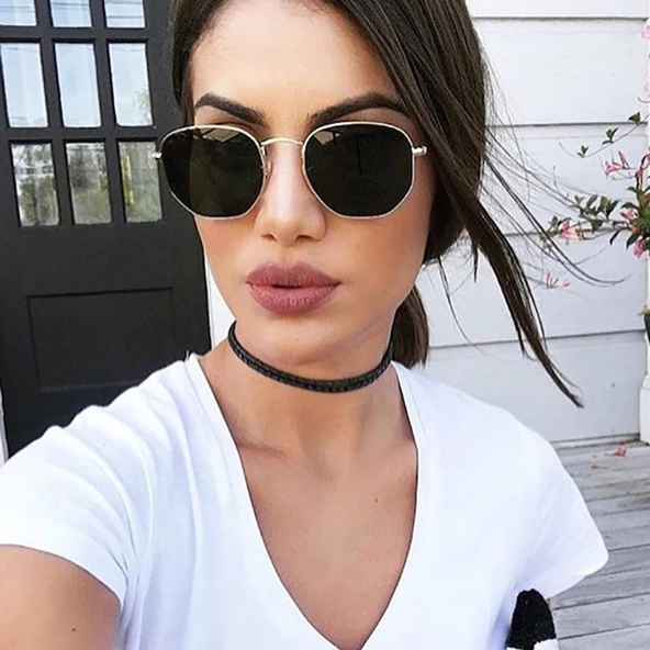 Güneş Gözlüğü Beşgen Sarı Çerçeve Kahverengi Cam Unisex  Siyah Tek Ebat - 6