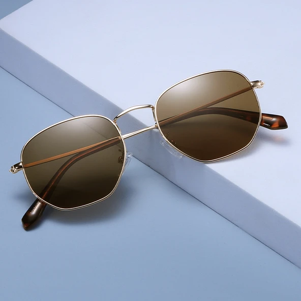 Güneş Gözlüğü Beşgen Sarı Çerçeve Kahverengi Cam Unisex  Siyah1 Tek Ebat - Resim 7