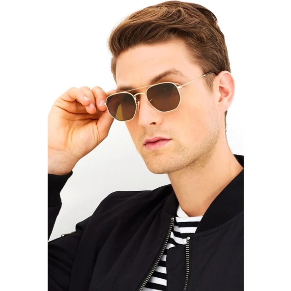 Güneş Gözlüğü Beşgen Sarı Çerçeve Kahverengi Cam Unisex Kahverengi Tek Ebat