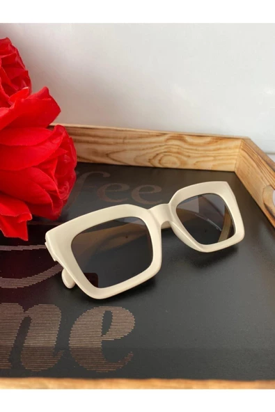 Cat Eye Kristal Şeffaf Kadın Güneş Gözlüğü  Mavi Cam  Bej Tek Ebat