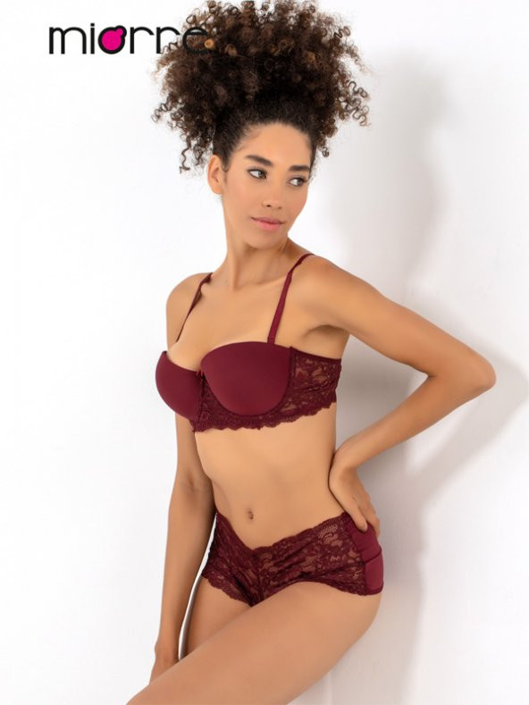 Push-Up Dolgulu Dantel Detaylı Straplez Sütyen Takım - Resim 4