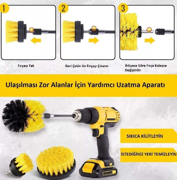 Matkap Uyumlu Uzatma Aparatlı Temizleme Fırça Seti 3 Adet - 6