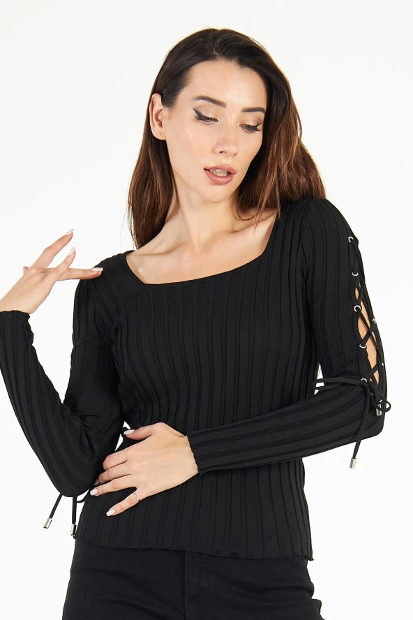 Kadın Kolları Dekolteli Bağcıklı Fitilli Uzun Kollu Triko Kazak - 7