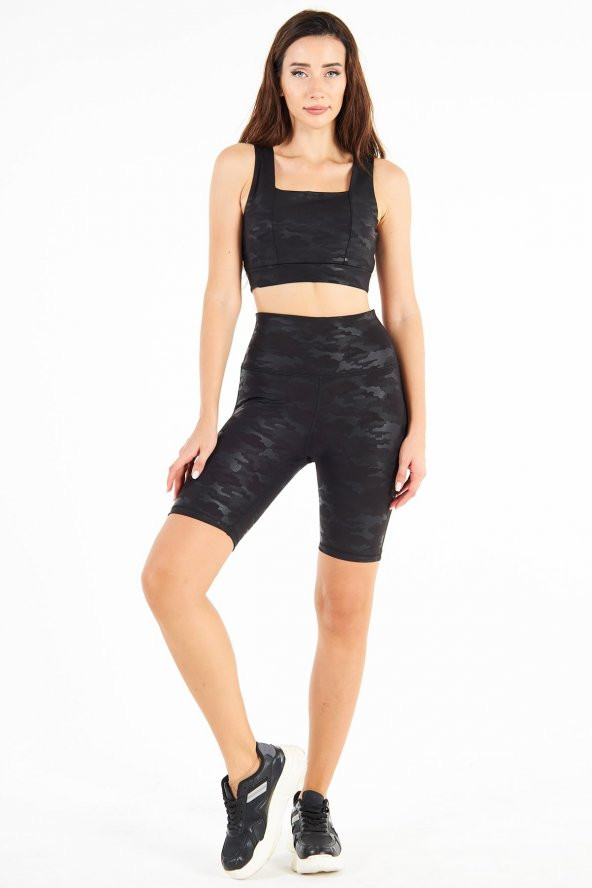 Yüksek Bel Kamuflaj Dalgıç Push Up Toparlayıcı Biker Şort Spor Tayt ve Spor Sütyeni Crop Takımı - 3