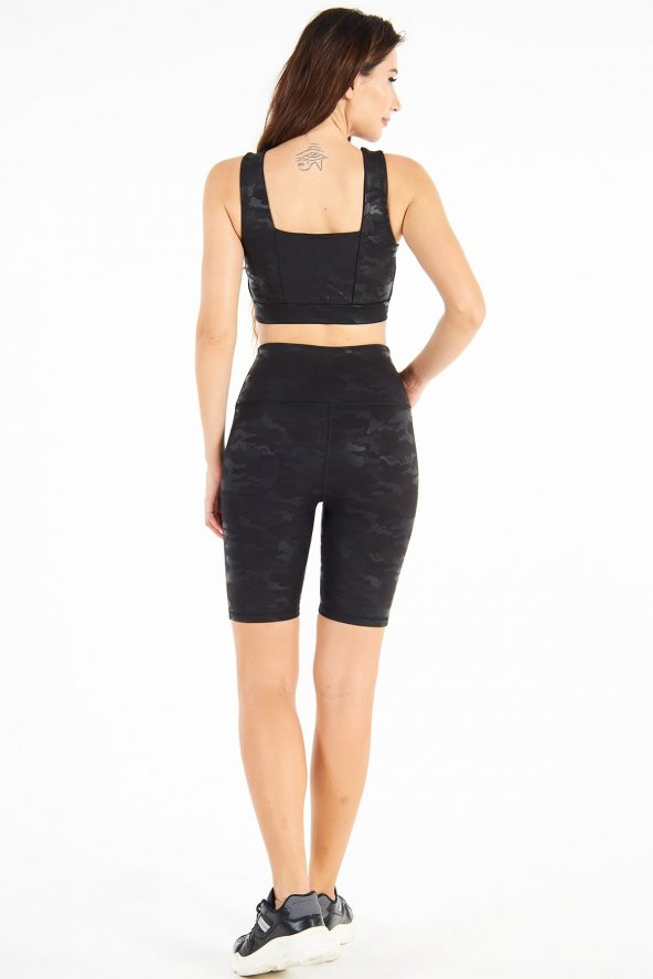 Yüksek Bel Kamuflaj Dalgıç Push Up Toparlayıcı Biker Şort Spor Tayt ve Spor Sütyeni Crop Takımı - 8