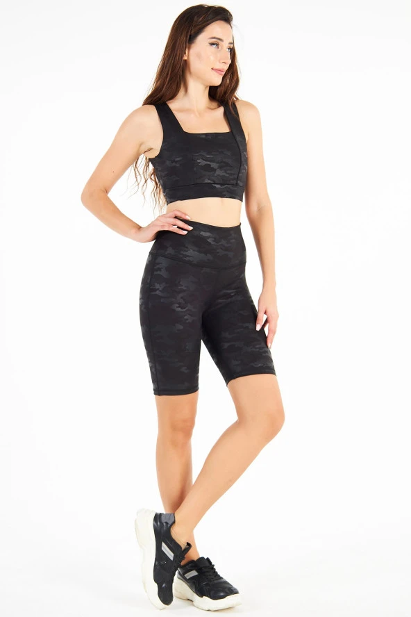 Yüksek Bel Kamuflaj Dalgıç Push Up Toparlayıcı Biker Şort Spor Tayt ve Spor Sütyeni Crop Takımı - 5