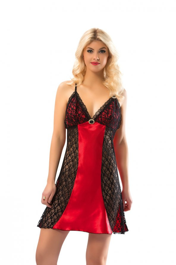Dantelli Siyah Kırmızı Saten Gecelik ürün görseli