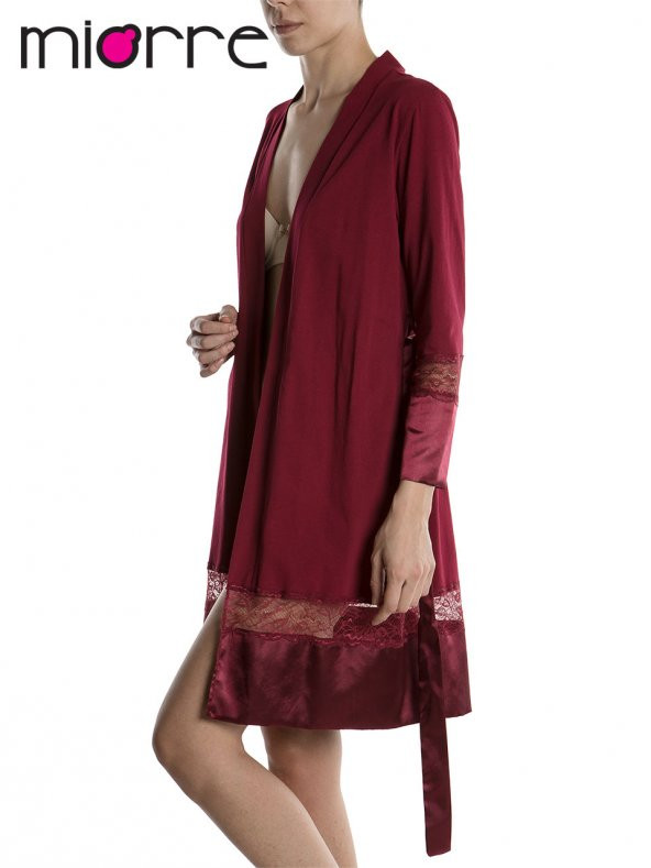 Kol ve Etek Ucu Saten Dantel Detaylı Pamuklu Penye Sabahlık - Resim 3