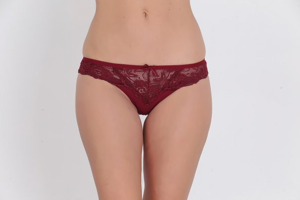 Ön ve Arka Dantelli Düşük Bel Slim Külot Bordo - 2