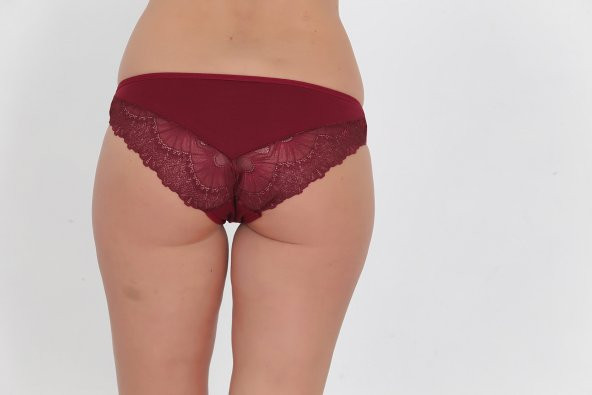 Ön ve Arkası Dantelli Düşük Bel Slim Külot Bordo - Resim 3