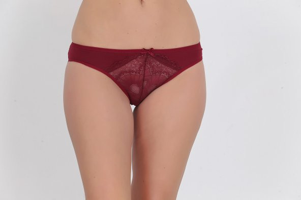 Ön ve Arkası Dantelli Düşük Bel Slim Külot Bordo - Resim 2
