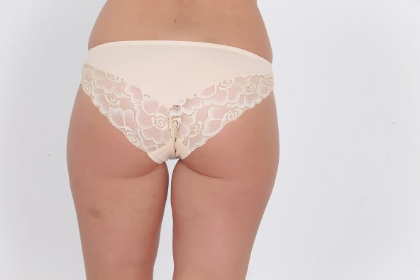 Ön ve Arkası Dantelli Düşük Bel Slim Külot Ten - Resim 3