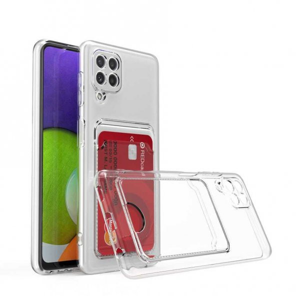 Samsung Galaxy M12 Setra Şeffaf Kredi Kartlıklı Cüzdan Kamera Korumalı Kılıf