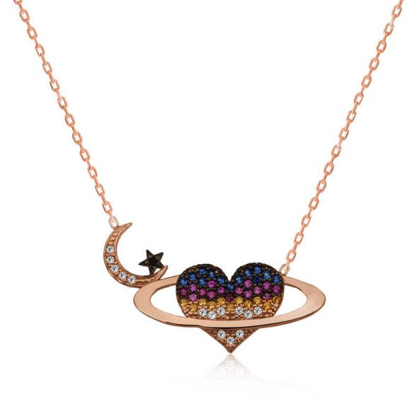 925 Ayar Gümüş Kalpli Gezegen Kadın Gümüş Kolye ürün görseli