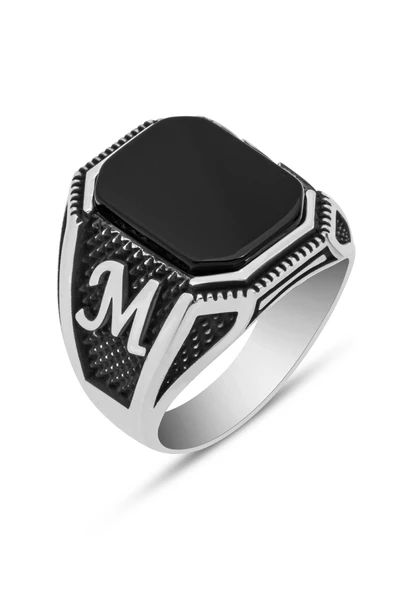 Siyah Oniks Taşlı Harfli Gümüş Erkek Yüzük - 9