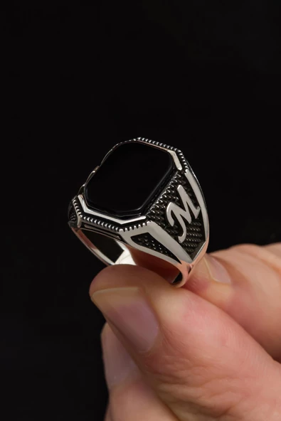 Siyah Oniks Taşlı Harfli Gümüş Erkek Yüzük - 2