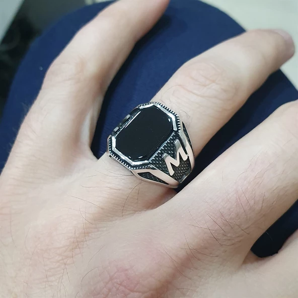 Siyah Oniks Taşlı Harfli Gümüş Erkek Yüzük - 6