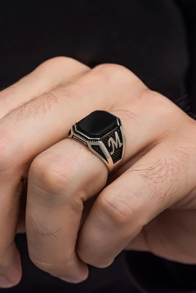 Siyah Oniks Taşlı Harfli Gümüş Erkek Yüzük - 10