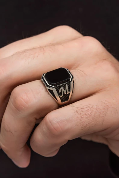 Siyah Oniks Taşlı Harfli Gümüş Erkek Yüzük - 8