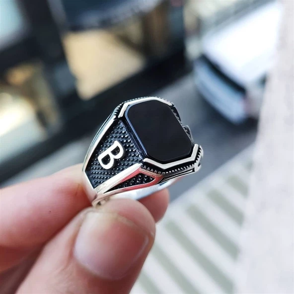 Siyah Oniks Taşlı Harfli Gümüş Erkek Yüzük - 4